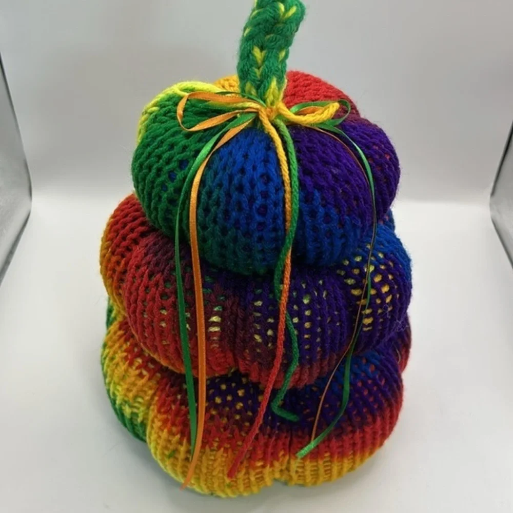 Colorful Rainbow Knit Pumpkin Stack